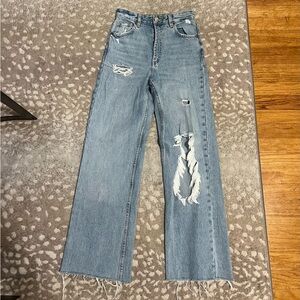 Zara Light Blue Distressed Straight Leg Jeans